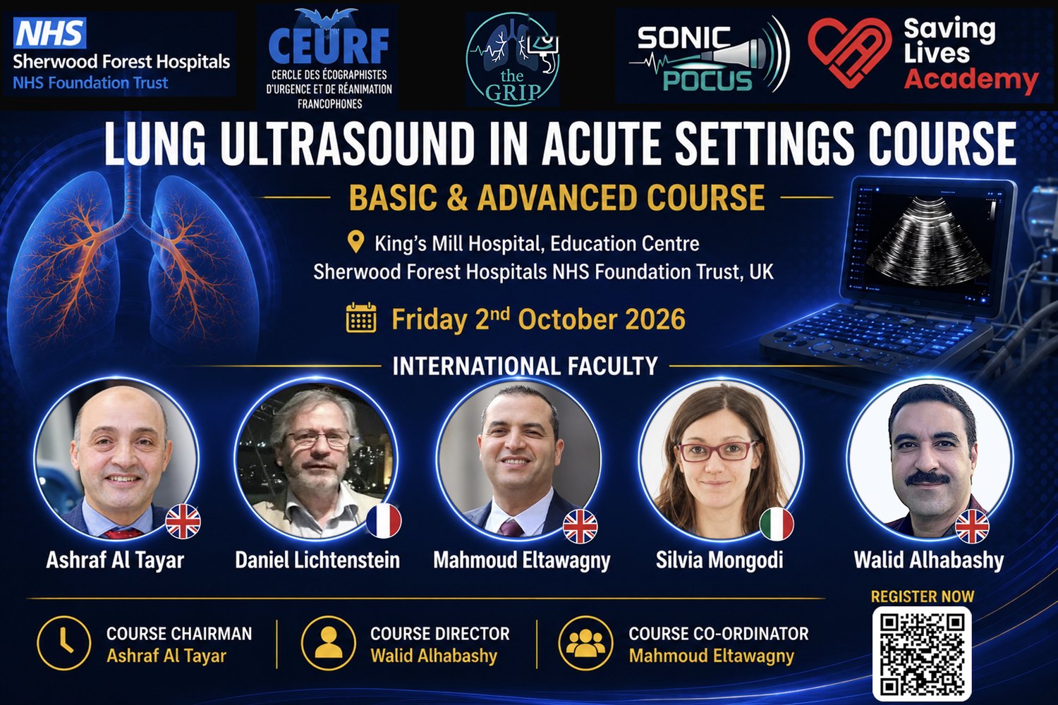 Lung Ultrasound in Acute Settings course poster — international faculty, 2 October 2026