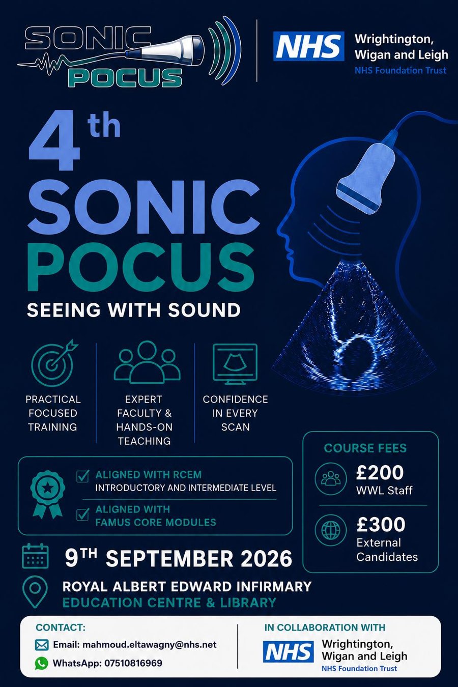 4th Sonic POCUS course poster — Seeing with Sound, 9 September 2026, Royal Albert Edward Infirmary, Wigan
